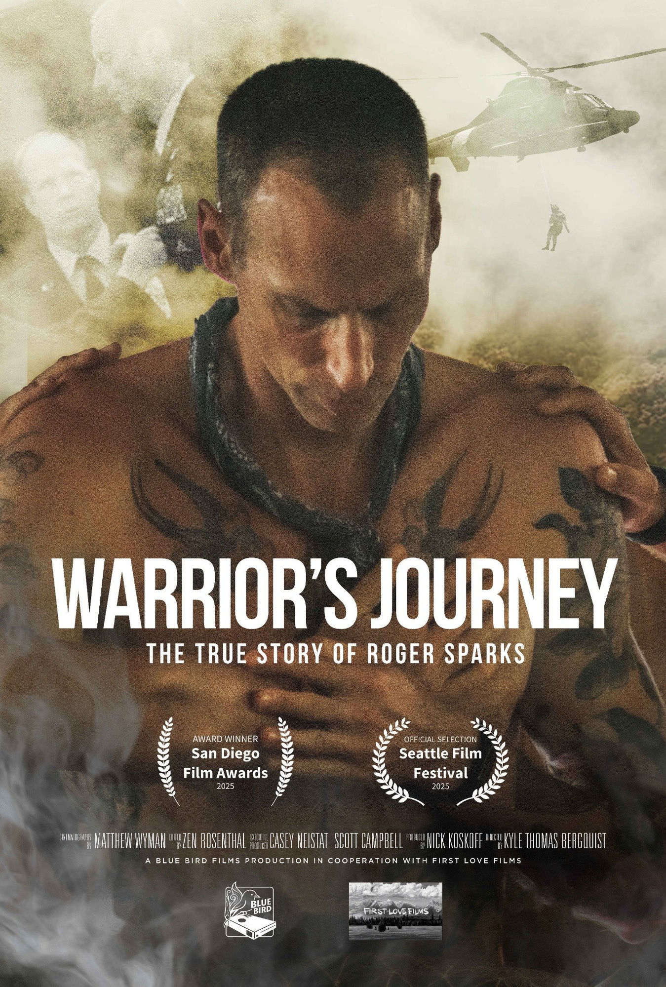 Warrior’s Journey film poster featuring Roger Sparks with military rescue imagery and festival laurels.